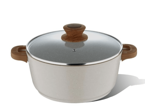 Bergner Naturally DieCast NonStick 28 cm Casserole with Glass Lid, 5.5 L Capacity, Free Woven Trivet, Heat Resistant Silicone Handle Grips, White Granite Finish, Induction & Gas ready